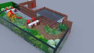 tuinontwerp achtertuin in Vught. met hardhouten vlonder 60x60 tegels gebakken klinkers, grasveld en een modern waterelement