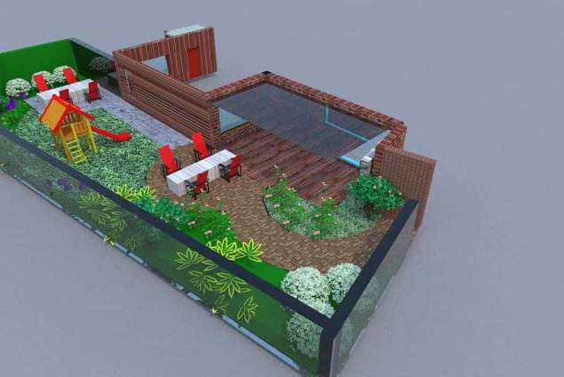 tuinontwerp achtertuin in Vught. met hardhouten vlonder 60x60 tegels gebakken klinkers, grasveld en een modern waterelement